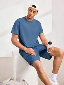 Driftmere Men Solid Color Crew Neck Short Sleeve T-Shirt And Shorts Set, Suitable For Summer, Cozy Outfits,Breathable/Comfortable/Soft Shirts,For Daily Casual Gym Sport Running - Dusty Blue - View 1