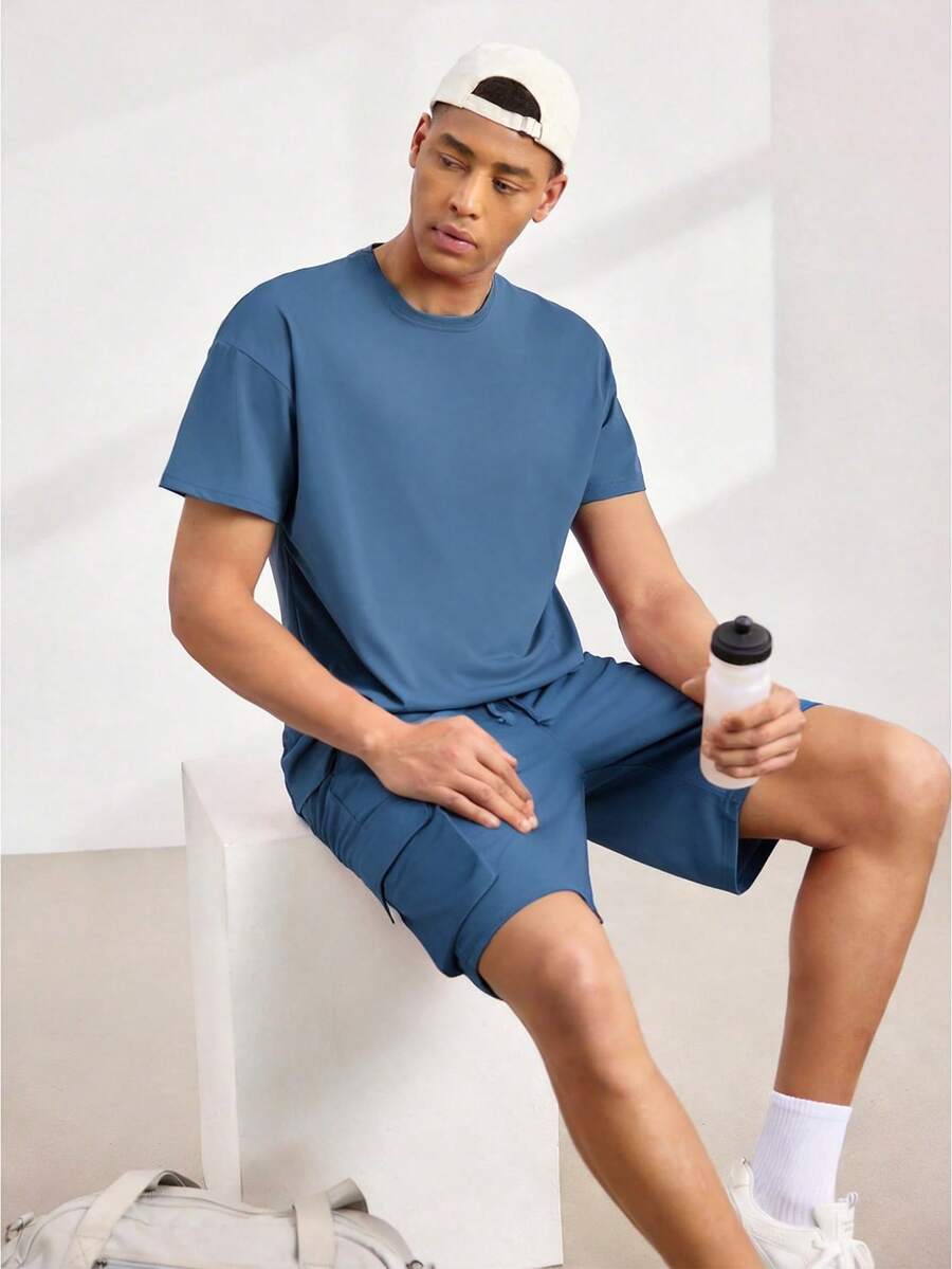 Driftmere Men Solid Color Crew Neck Short Sleeve T-Shirt And Shorts Set, Suitable For Summer, Cozy Outfits,Breathable/Comfortable/Soft Shirts,For Daily Casual Gym Sport Running - Dusty Blue - View 1