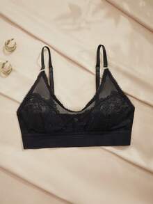 French Sexy Lace Backless Bra, Mesh Sheer Hollow Design, Adjustable Strap Women's Lingerie - Black - View 6