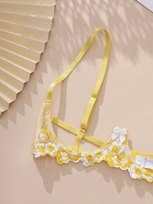 2-Piece Women's Yellow Open-Cup French-Style Floral Embroidary Underwire Bra And Thong Sexy Lingerie Set Adjustable Straps Bra Crotchless Panty Underwear Suit For Vacation Homewear Hot Nightwear Valentine's Day Anniversary Honeymoon - 黃色 - 查看 2