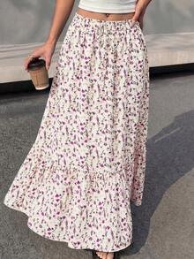 Women Floral Boho Elastic High Waist Flowy Tiered A-Line Maxi Skirt Spring Summer Holiday Beach Vacation Long Skirts With Pockets - 白色紫色花 - 查看 4