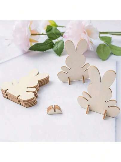 10pcs Wooden Easter Bunny Decorations Set With Hanging Ropes, Home Holiday Decor