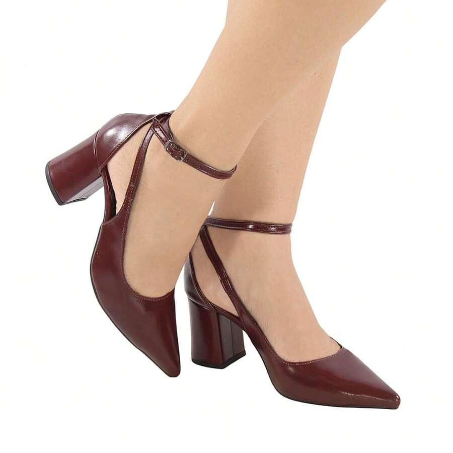 Women's Medium Square Block Heel Stiletto Sandal With Ankle Buckle Closure, Pointed Toe, Comfortable - 紅木色 - 查看 1