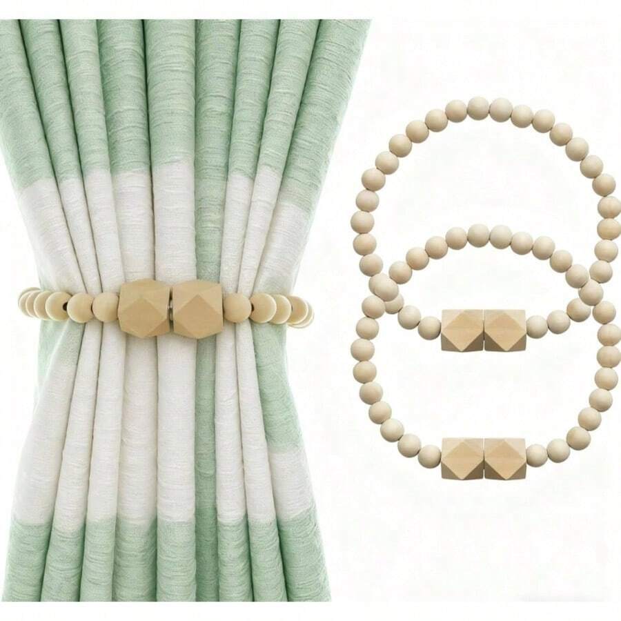 Magnetic Curtain Tiebacks, Natural Wooden Curtain Strung With Cotton String, Elegant Curtain Tie Backs Bedroom And Living Room Decor, Boho Curtain Tiebacks, 2/4/6 Pack - Octagonal Beads,Cotton Rope + 2 - View 1