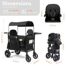 Kinder King Wagon Stroller For 2 Kids, All-Terrain Foldable Outdoor Stroller Wagon 2 Seater, Removable Canopy, Adjustable Handle, Shock-Absorbing Wheel, Detachable Tray, Large Storage, All Black - All Black - View 11