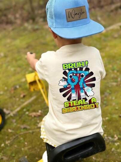 1pc Toddler Boys' Funny Pixel Cartoon & BRUH Letter Print Back Graphic T-Shirt, Casual Round Neck Short Sleeve, American Street Style Loose Fit Gamer Tee, Summer