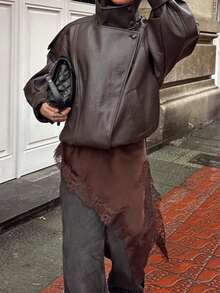 Seelio秋冬新款女装时尚皮衣外套，简约欧式风，百搭荔枝纹 - 棕色 - 查看 4