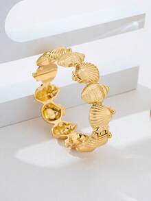 1 pieza Brazalete de aleación de zinc con diseño de concha de primavera, adecuado para mujeres, serie oceánica - Amarillo Oro - Ver 3