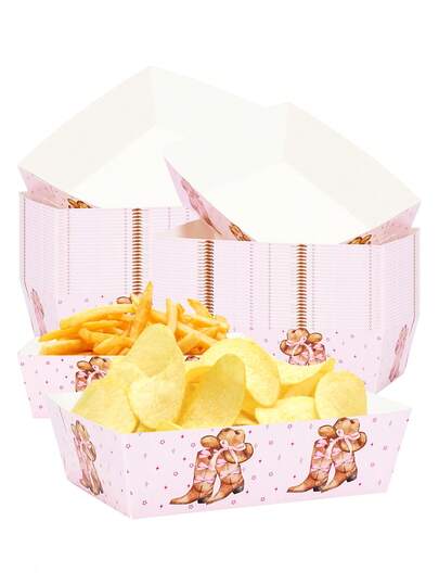 10 piezas/30 piezas/50 piezas Bandejas de papel para alimentos con lazos de vaquera lindos, platos desechables con botas marrones estilo western, platos de postre con lazos y sombreros de vaquera, decoración de fiestas temáticas de vaquera rosa para aperitivos, fiestas al aire libre, despedidas de soltera, baby shower