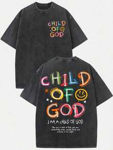 (230g T-Shirt)Men's Distressed Cotton "Child Of God" Colorful Graffiti Graphic Tee, Loose Casual Crewneck Short Sleeve T-Shirt, Retro Fun Religious Top, Comfortable All - Season WearNew Stylish T-Shirt - 黑色 - 查看 1