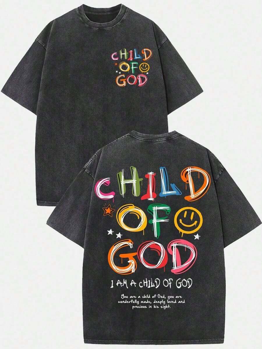 (230g T-Shirt)Men's Distressed Cotton "Child Of God" Colorful Graffiti Graphic Tee, Loose Casual Crewneck Short Sleeve T-Shirt, Retro Fun Religious Top, Comfortable All - Season WearNew Stylish T-Shirt - 黑色 - 查看 1
