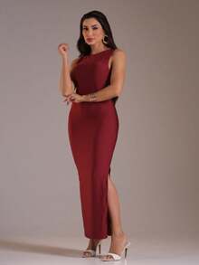 J.A.B.I Modas Vestido Feminino Midi Regata Cavado Justo Básico Suplex - Vinho - Visão 4