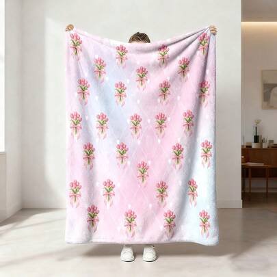 1pc Colorful Tulip & Bow Print Flannel Throw Blanket, Soft & Comfortable, Suitable For All Seasons, For Sofa, Bed, Office, Camping, Travel, Year-Round Gift