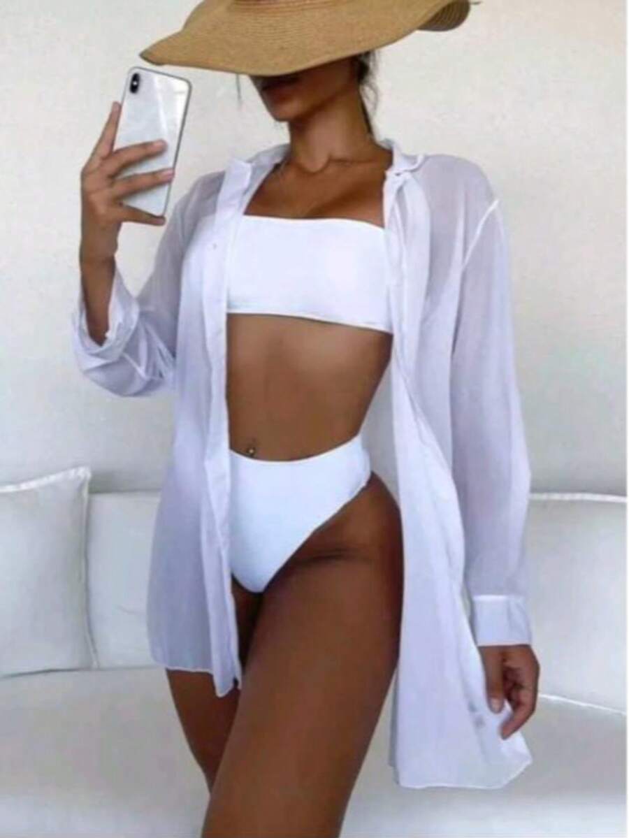 Women's Summer Beach Cover-Up Bikini With Tulle - 白色 - 查看 1