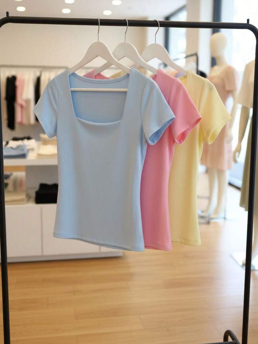Women's Basic Blouse With Square Neckline, Short Sleeves, Baby Look Style, Casual, Versatile, Blogger-Friendly, Trending, International Brands - 藍粉黃 - 查看 1