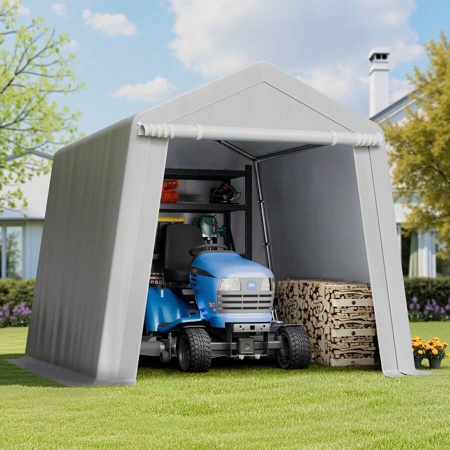 Gerätehaus, 243,8x243,8x229cm, Garagenzelt aus PE, Geräteschuppen, Fahrradgarage, Gartenschuppen, Carport, Fahrradschuppen, Aufbewahrungsgarage für Motorrad, Rasenmäher, Fahrrad, grau - Grau, spitzes Dach, 8FTx8FT, Einzeltür - Übersicht 1