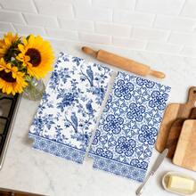 MEMNUN 2条海军蓝花鸟意大利瓷砖印花厨房毛巾，15.75*23.62英寸（40*60厘米），超柔软吸水超细纤维洗碗布，厨房装饰，家居用品，可机洗，适用于餐厅、厨房、家居装饰和礼品，四季皆宜。 - 彩色 - 查看 6