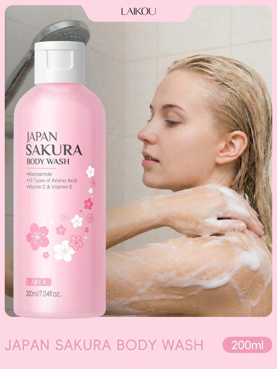 1件裝 LAIKOU 日本櫻花長效留香沐浴露，100ml&200ml 保濕沐浴凝膠，亮白泡沫配方，溫和肌膚淨化，日常沐浴使用，旅行露營戶外活動理想身體護理