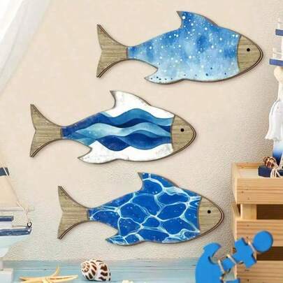 1/3 Pieces Wooden Fish Wall Decor Beach Nautical Coast Theme Fish Wall Sculpture Wooden Fish Wall Decor Lake View House Ocean Decor Retro Ornaments For Home Bathroom Bedroom Wall Decoration