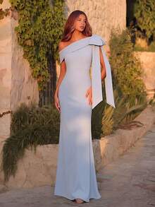 EVERPRETTY 优雅无袖不对称领口浅蓝色长款正式礼服，饰有蝴蝶结，适合女士出席各种盛大场合、派对和婚礼。 - 淺藍色 - 查看 2