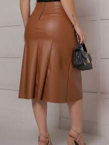 Faux Leather Midi Skirt With Cutouts And Back Zipper. - Mocha Brown - View 4