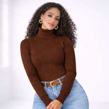 Women's High Neck Sweater In Elastane Turtleneck Knit - 鏽棕色 - 查看 1