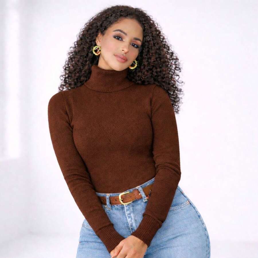 Women's High Neck Sweater In Elastane Turtleneck Knit - 鏽棕色 - 查看 1