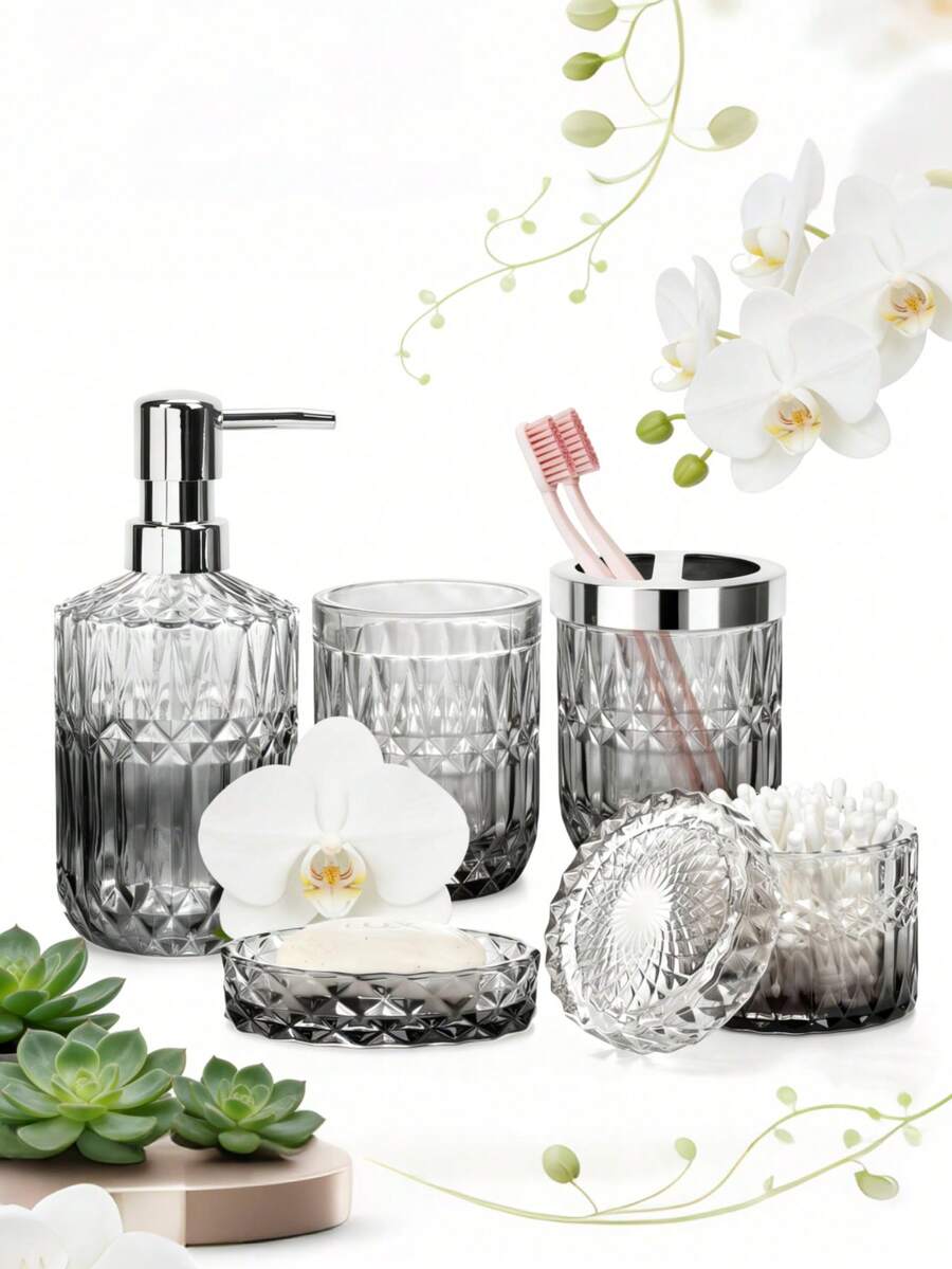 5-Piece Diamond-Cut Glass Bathroom Accessories Set, Includes Soap Dispenser, Soap Dish, Toothbrush Holder, Tumbler & Cotton Swab Jars, Modern Crystal Decor For Bathroom - Housewarming Gift - 透明漸變 - 查看 1