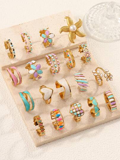 4/6/12/16件套不锈钢镀18K金混合图案戒指套装，高品质树脂镶嵌，多种形状，尺寸可调节，适合女性日常佩戴或作为礼物