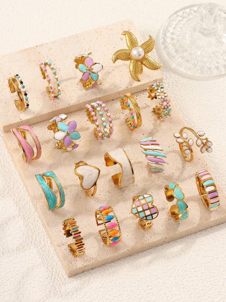 4/6/12/16pcs Stainless Steel 18K Gold Plated Mixed Pattern Rings Set, High Quality Resin Inlaid, Assorted Shapes, Adjustable Size, Suitable For Women Daily Decoration Or Gift - Yellow Gold - View 1