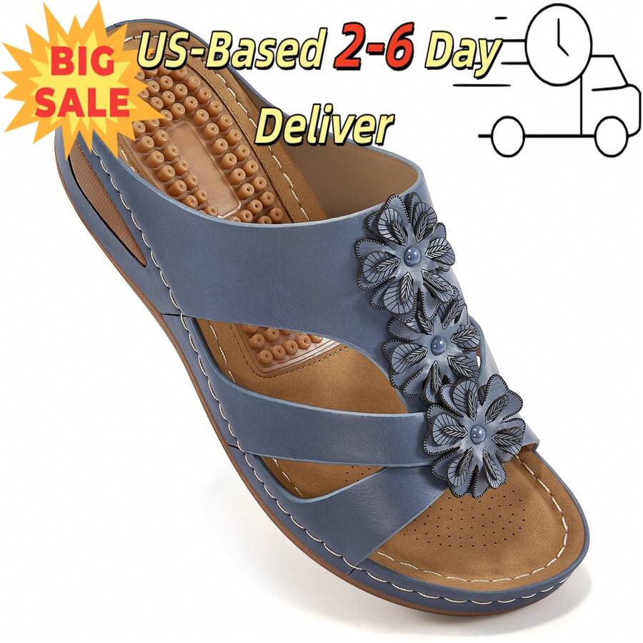 Ecetana Women's Slip-On Platform Sandals - Breathable Open-Toe Wedge Slides With Arch Support & Floral Decor, Non-Slip Sporty Beach Shoes For Vacation, Walking And Summer Outings.Women's Summer Black Sandals.Plataformas De Mujer Elegantes, - 藍色 - 查看 1