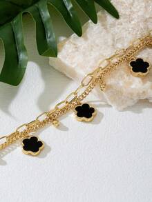 1件夏季度假优雅黑色金属花朵和三叶草多层脚链，适合度假、派对、约会、送礼、日常佩戴（不含礼盒） - 黑色 - 查看 5