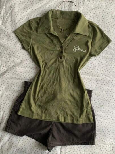 American Vintage Street Style Letter Decorative Button Lapel Short Sleeve T-Shirt For Women Casual Summer