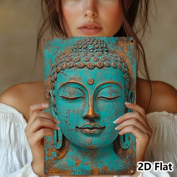 2D Flat 1pc Vintage Iron Plate Buddha Statue Pre-Drilled Iron Metal Sign Wall Art Decor For Home, Club, Cafe, Funny Hanging Picture, 8x12 Inches/20*30cm