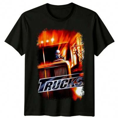 T-Shirt Plus Size Women's Truck Driver With Skull Face In Front Of Vehicle Under Neon Lights And Bold Trucks Text Below Unisex T-Shirt,1PC Graphic Tees Men, Graphic Tees Women Spring Summer Top Comfortable And Breathable Graphic T Shirts T Shirt Men Breezy Summer Holiday Tops - A Sweet Valentine's Gift Pick, Great For Spring Getaways And Effortless Daily Wear