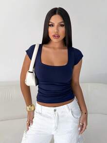 Women's Basic Blouse With Square Neckline, Short Sleeves, Baby Look Style, Casual, Versatile, Blogger-Friendly, Trending, International Brands - XANH NAVY-XÁM-RƯỢU VANG - Xem 2