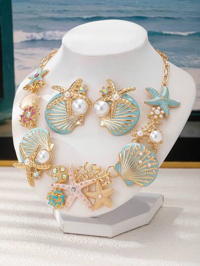Juego de 3 piezas de aretes y collar elegantes con incrustaciones de esmalte de colores en forma de estrella de mar, concha y coral, adecuado para usar en la playa, fiestas y banquetes de mujeres