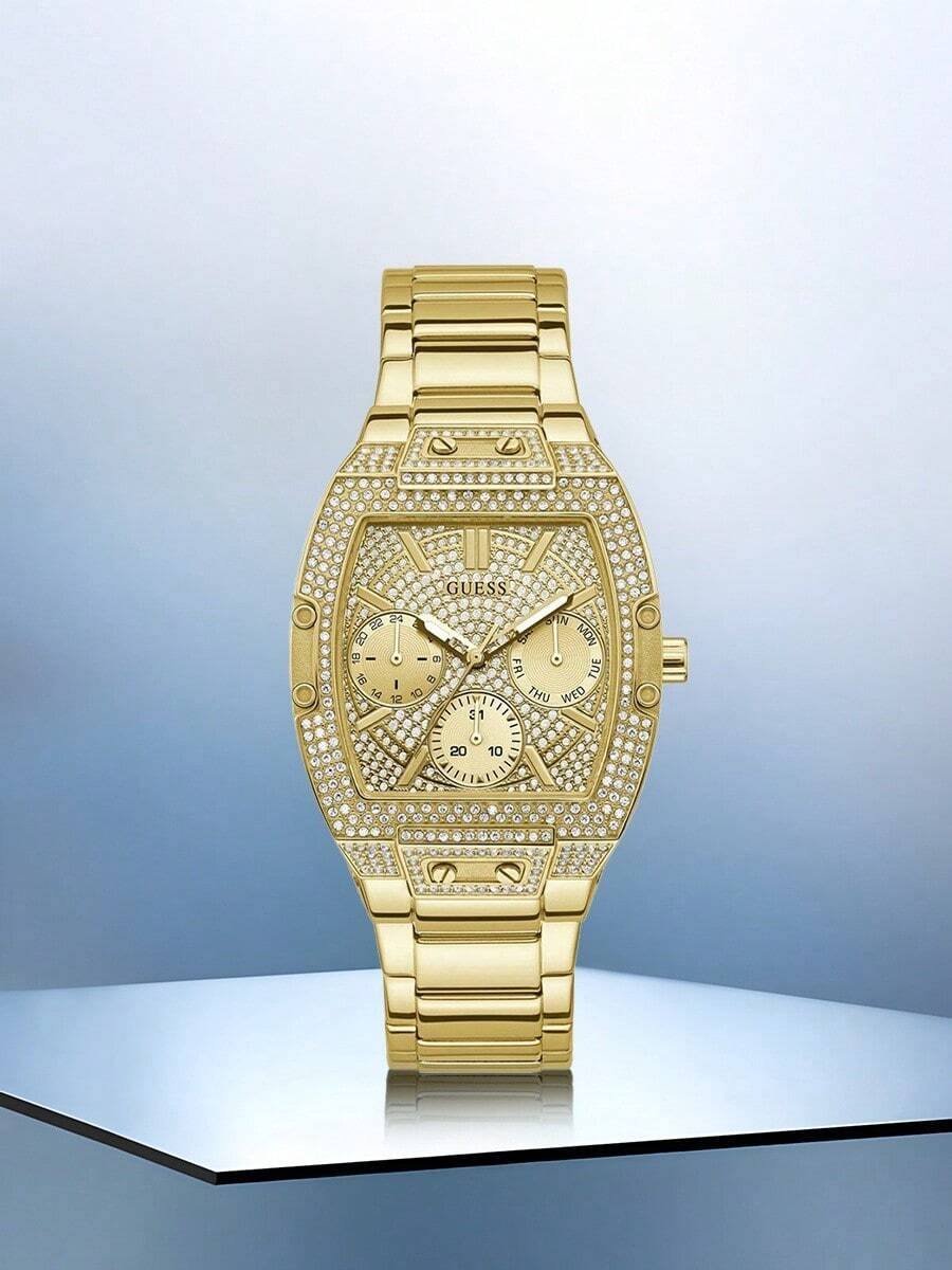 Guess Women's Metal Watch, Elegant Barrel-Shaped Stainless Steel Wristwatch, Sparkling Fully Paved Multifunctional Quartz Watch, Aesthetic Jewelry Style Fashion Accessory GW0104L2 - Gold - View 1