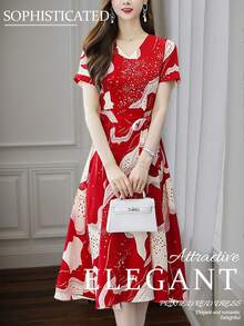 Valentine's Day Long Sleeve Tops Primavera A Verano Red Tops Resort Wear Women Mardi Gras Dresses For Women Vestidos Elegantes De Mujer Elegant Small V-Neck Geometric Print Lace-Up Dress, Fashionable And Elegant V-Neck Lace-Up Style Spring Outfits For Women Festival Outfits For Women Concert Outfit Women Womens Tops Spring Break Outfits Brunch Outfits For Women - 紅色 - 查看 4