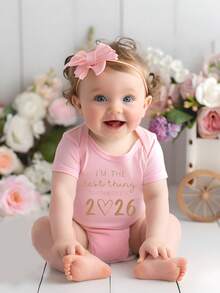 Pink Round Neck Short Sleeve Bodysuit I'm The Best Thing To Come Out Of 2026 Soft 100% Cotton Bodysuit, Easy-Care Snap Closure Outfit For, Perfect Mother's Day Or Birthday Gift For - Unisex Clothing - 粉色 - 查看 2
