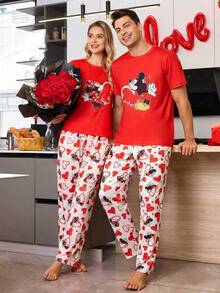 Disney Bộ đồ ngủ nam 2 món cho ngày Valentine, đồ ngủ tay ngắn và quần dài mềm mại, đồ mặc nhà thoải mái. - Đỏ - Xem 2