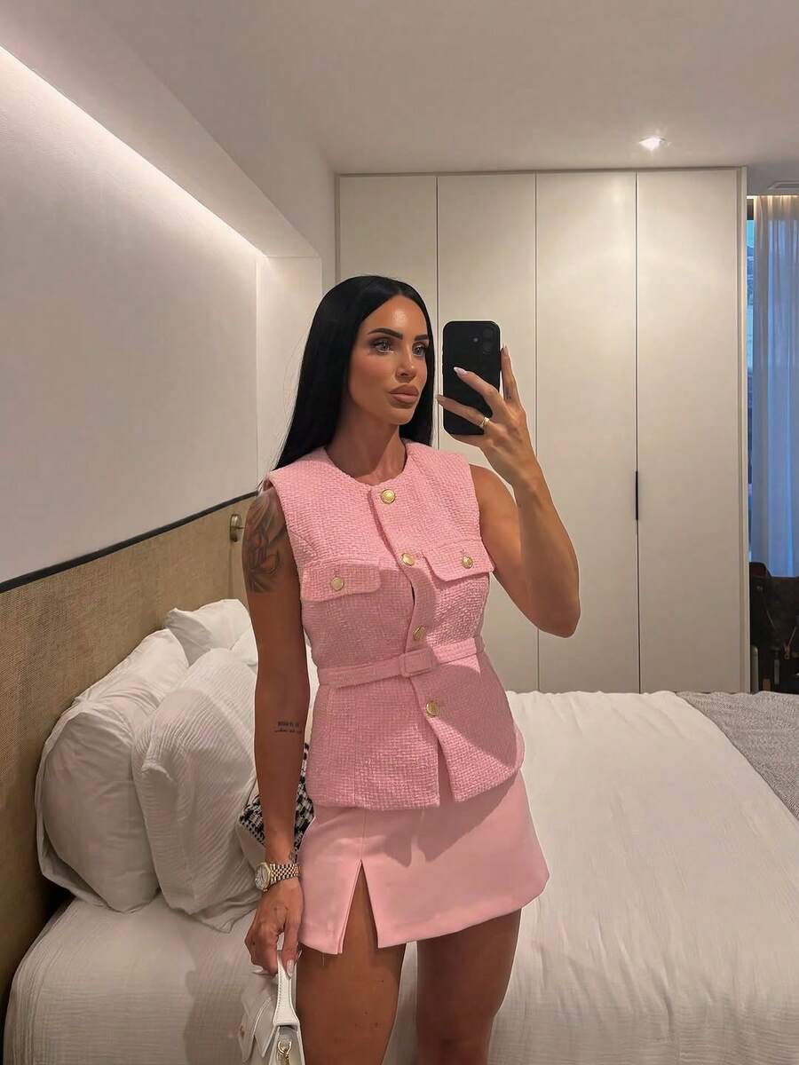 Women's Sleeveless Round Neck Top, Front Button Fake Pocket Design, Soft Texture Pink Summer - Pink - View 1