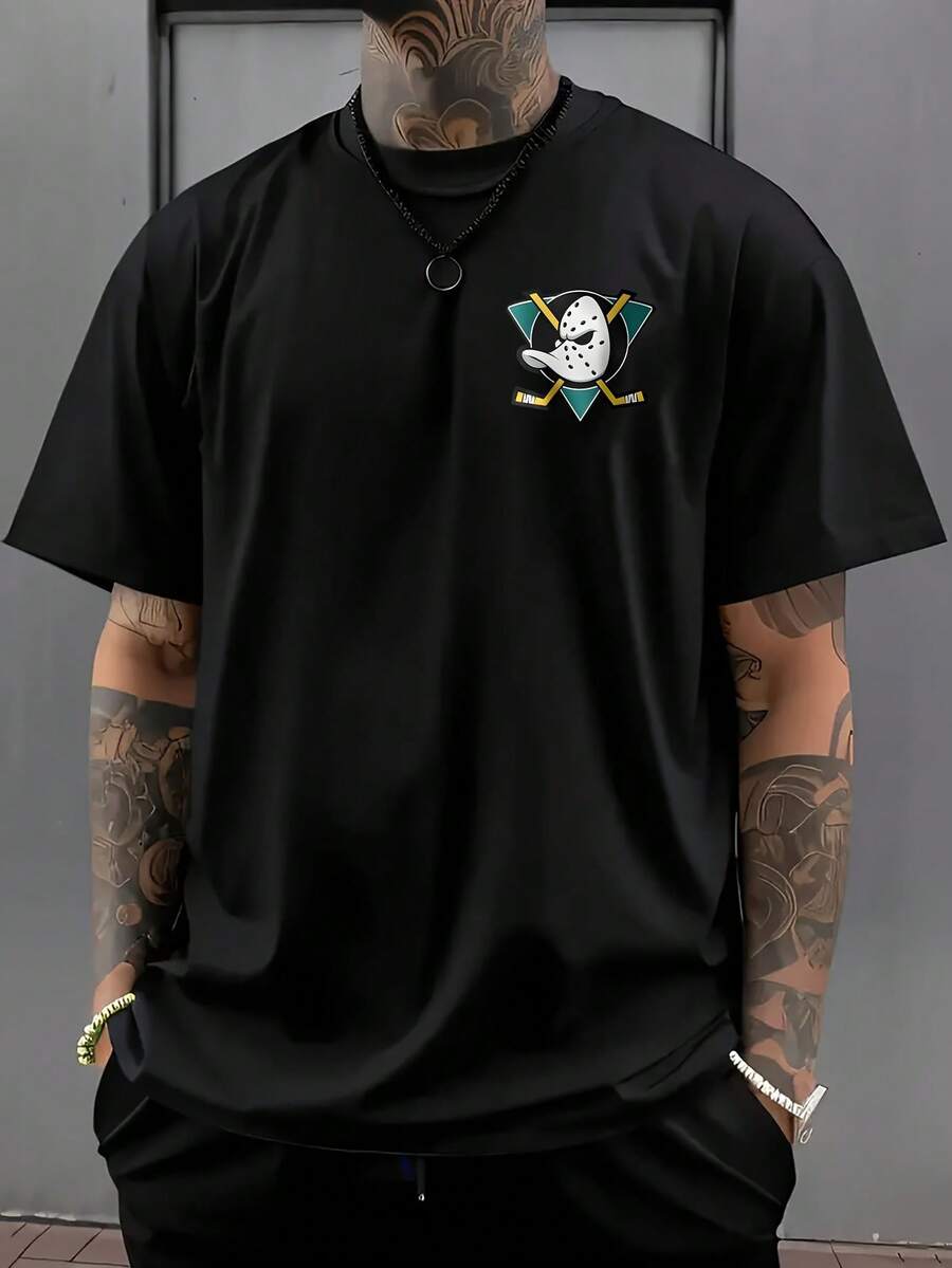 Men's Vintage Hockey Duck Logo T-Shirt - Retro Ice Hockey Design With Duck Emblem & Lettering, Short Sleeve Casual Tee For Sports Fans, Machine Washable Gift Apparel For Hockey Enthusiasts - màu đen - Xem 1
