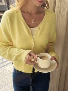 HUACAITA Women's Yellow V-Neck Long Sleeve Cardigan With Pearl Buttons, Lightweight Knit Sweater Jacket For Spring/Autumn, Everyday Wear - Yellow - View 3