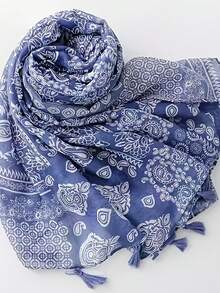 1pc Blue Printed Cashew Pattern Scarf/Shawl For Women, New Spring/Autumn Travel Beach Wrap - Blue - View 5