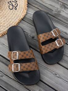 Men's Luxury Dual Buckle Adjustable Slip-On Sandals, Printed Casual Beach & Daily Wear Slippers - Brown - View 3