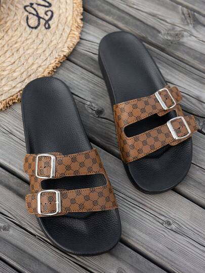 Men's Luxury Dual Buckle Adjustable Slip-On Sandals, Printed Casual Beach & Daily Wear Slippers