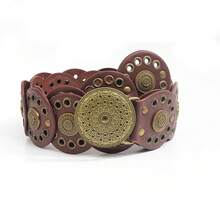 波西米亚风腰带，复古西部风格个性化腰带，女士夸张镂空圆形皮带 - 棕色 - 查看 9