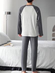 [PONX] Conjunto de pijama de 2 piezas con top de cuello redondo de manga larga y pantalones para hombre, ropa de estar en casa transpirable y que absorbe la humedad para primavera y otoño, ropa de otoño e invierno - Beis - Ver 10