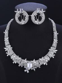 3件套奢华珠宝风格铜质立方氧化锆项链耳环套装，适合搭配婚纱、晚宴礼服。 - 華麗套裝 - 查看 6